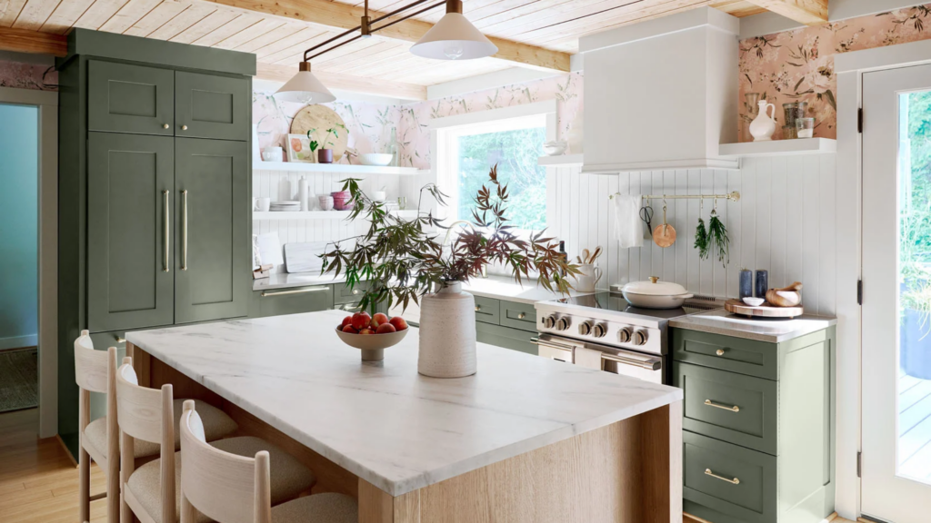 Kitchen with green cabinetry