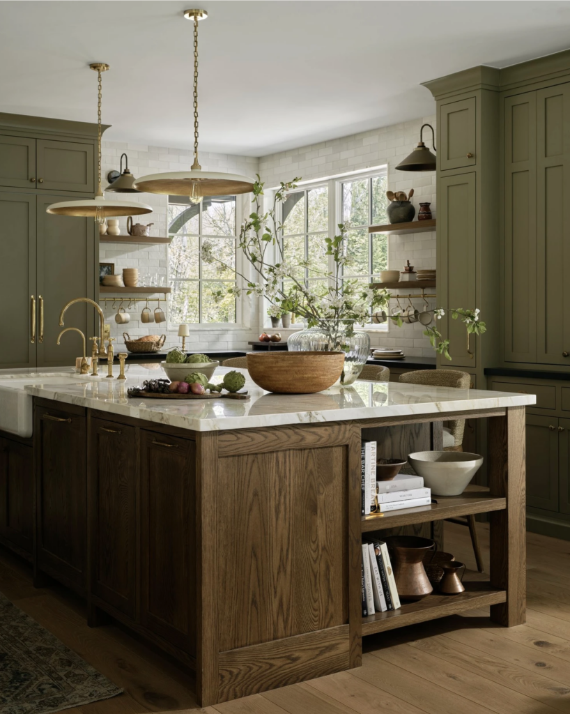 English Country style kitchen with green cabinets