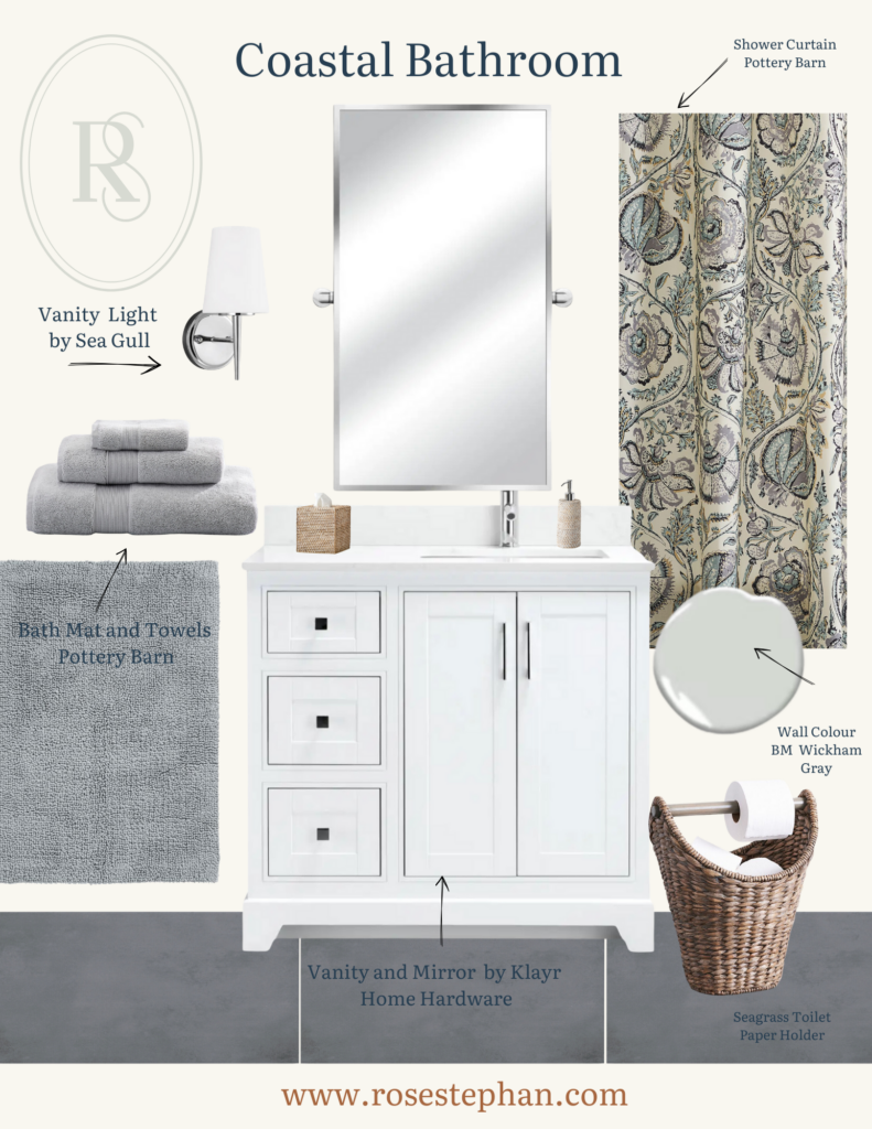 grey and white bathroom moodboard with pops of brown, blue and green decor and paint