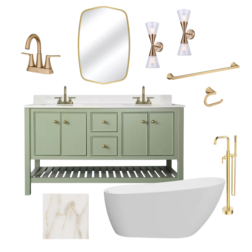 bathroom mood board, green vanity, gold hardware