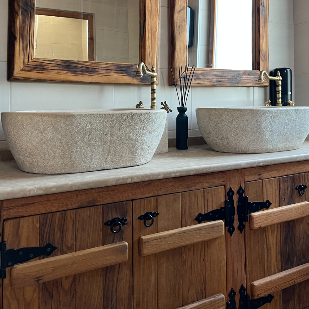 custome wood bathroom vanity, black hardware, stone sinks, gold faucets